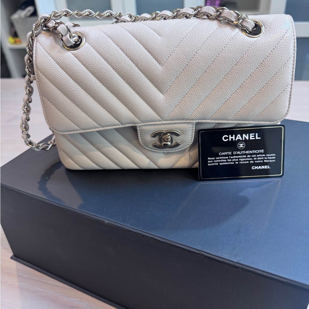 Chanel Beige Chevron Quilted Shoulder Bag